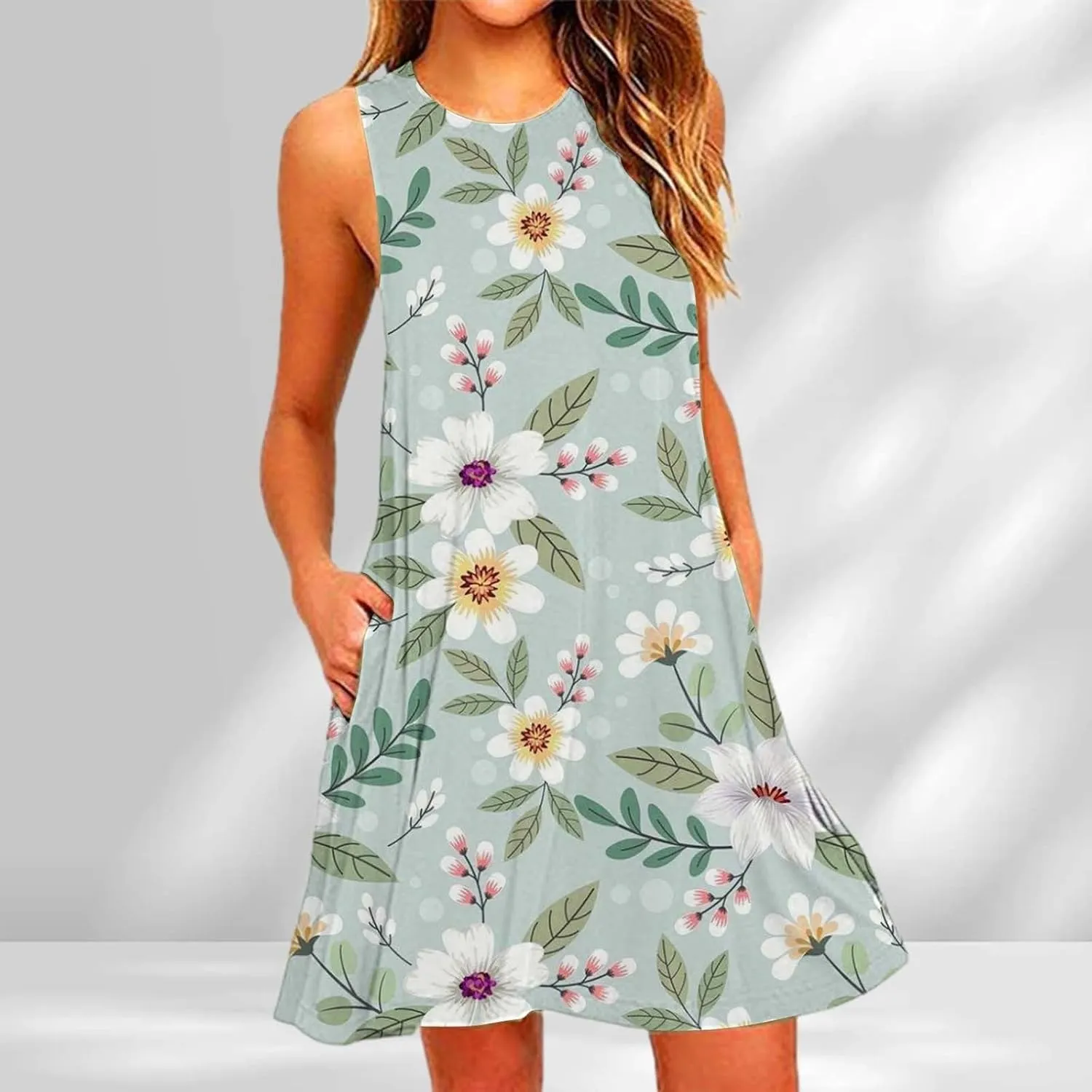 Summer Dresses for Women 2024 Floral Print Beach Party Sundress Sleeveless Fashion Cocktail Dress Casual Pockets Boho Dress
