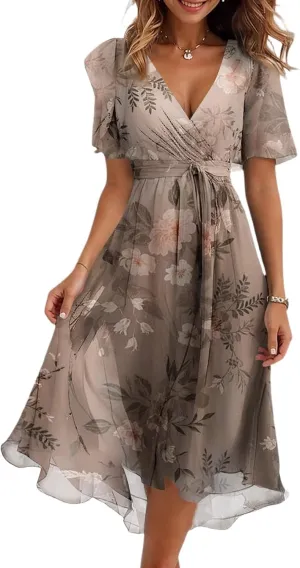 Summer Dresses for Women 2025 Floral Printed Chiffon V Neck Short Sleeve Midi Dress Casual Work A Line Dress
