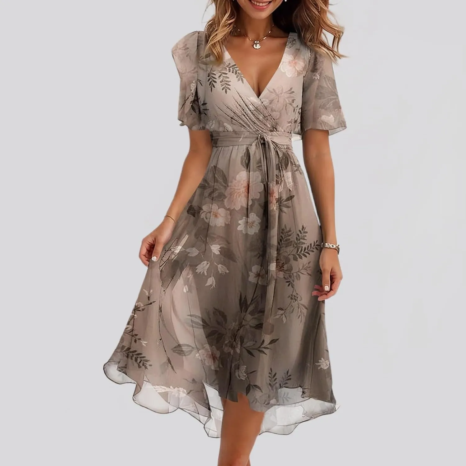 Summer Dresses for Women 2025 Floral Printed Chiffon V Neck Short Sleeve Midi Dress Casual Work A Line Dress