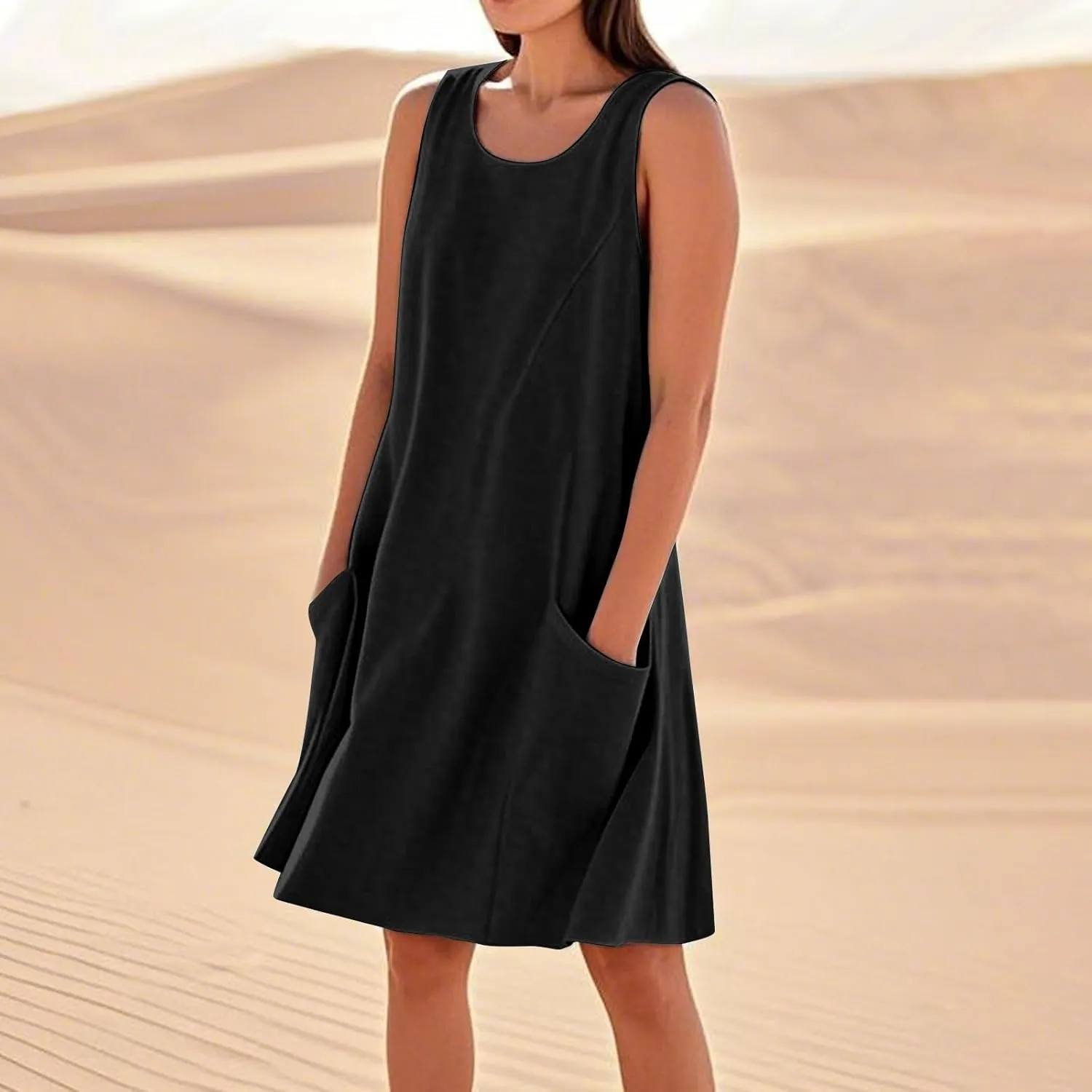 Summer Dresses for Women 2025 Sleeveless Flowy Casual Midi Dress Plus Size Loose Comfy Cotton Linen Dress with Pockets