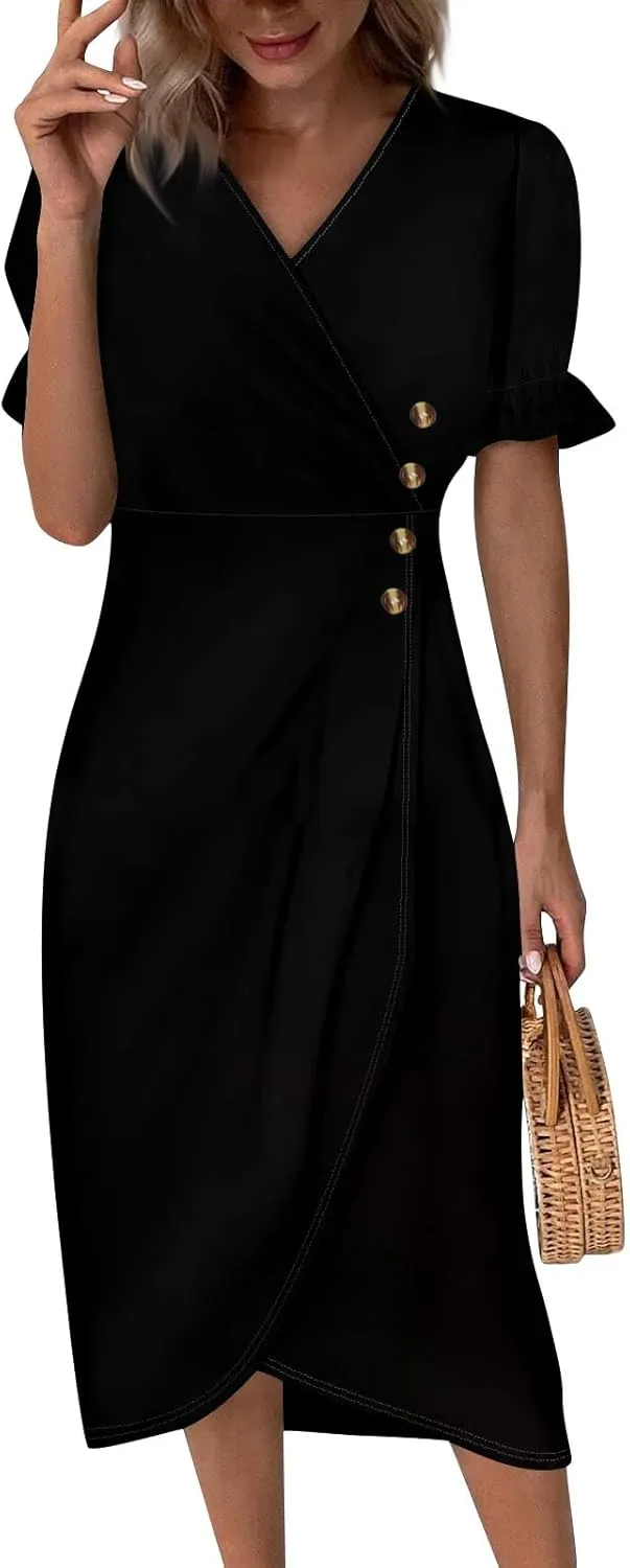 Summer Dresses for Women 2025 Trendy Boho Dress Elegant Beach V Neck Short Sleeve Irregular Hem Midi Sundresses