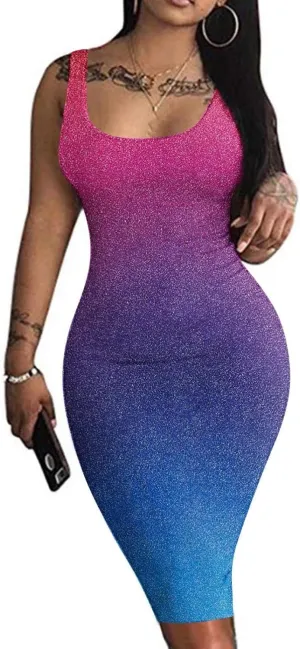 Summer Dresses for Women Gradient Tank Dress Sexy Bodycon Dress Sleeveless Basic Midi Club Dress