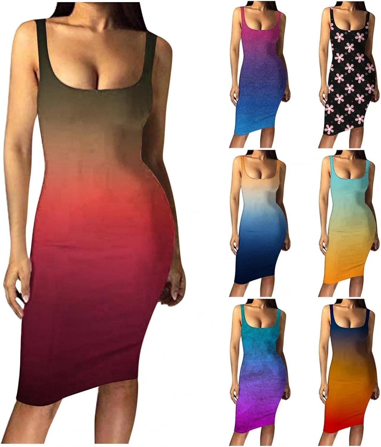 Summer Dresses for Women Gradient Tank Dress Sexy Bodycon Dress Sleeveless Basic Midi Club Dress