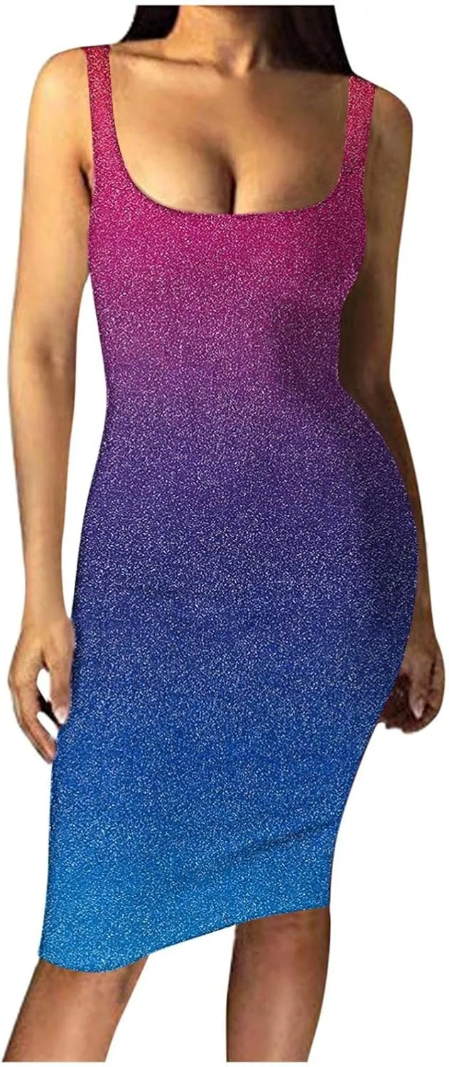 Summer Dresses for Women Gradient Tank Dress Sexy Bodycon Dress Sleeveless Basic Midi Club Dress