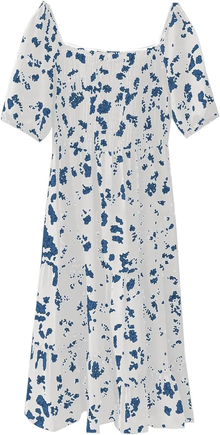Summer Flower Dresses for Women 2025 Square Neck Puff Short Sleeve Boho Midi Dress Ruffle Beach Vacation A-Line Sundress