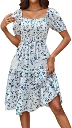 Summer Flower Dresses for Women 2025 Square Neck Puff Short Sleeve Boho Midi Dress Ruffle Beach Vacation A-Line Sundress