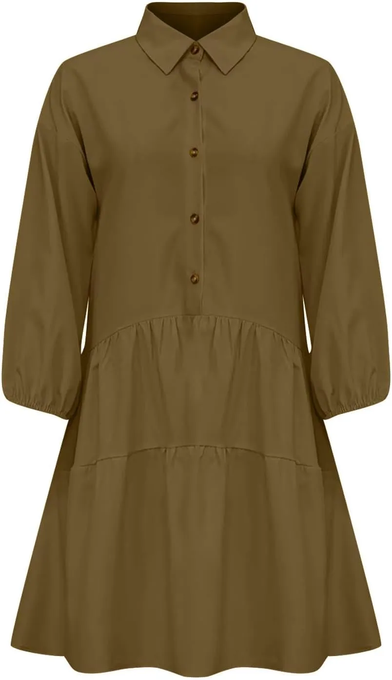 Sundresses for Women Maxi Fall Long Puff Sleeve 2024 Bubble Midi Button Down Casual Babydoll Plus Size Summer Dress