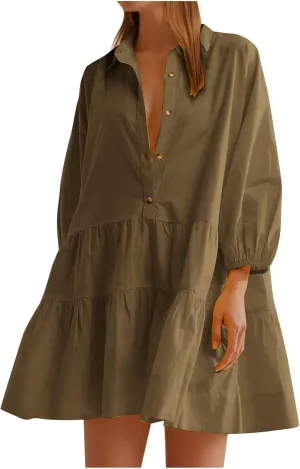 Sundresses for Women Maxi Fall Long Puff Sleeve 2024 Bubble Midi Button Down Casual Babydoll Plus Size Summer Dress