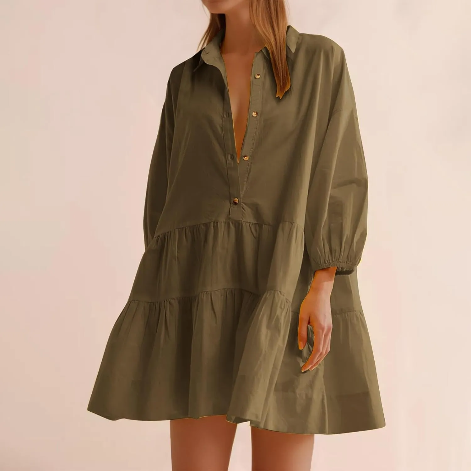 Sundresses for Women Maxi Fall Long Puff Sleeve 2024 Bubble Midi Button Down Casual Babydoll Plus Size Summer Dress