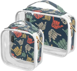 Surfing-hand-sign Texture 2 Pack Clear Toiletry Bag Women Men, Portable Waterproof Clear Pouch, Cosmetic Bag with Double Zippers Large Opening Traveling with Handle for Bathroom Traveling Vacation Org
