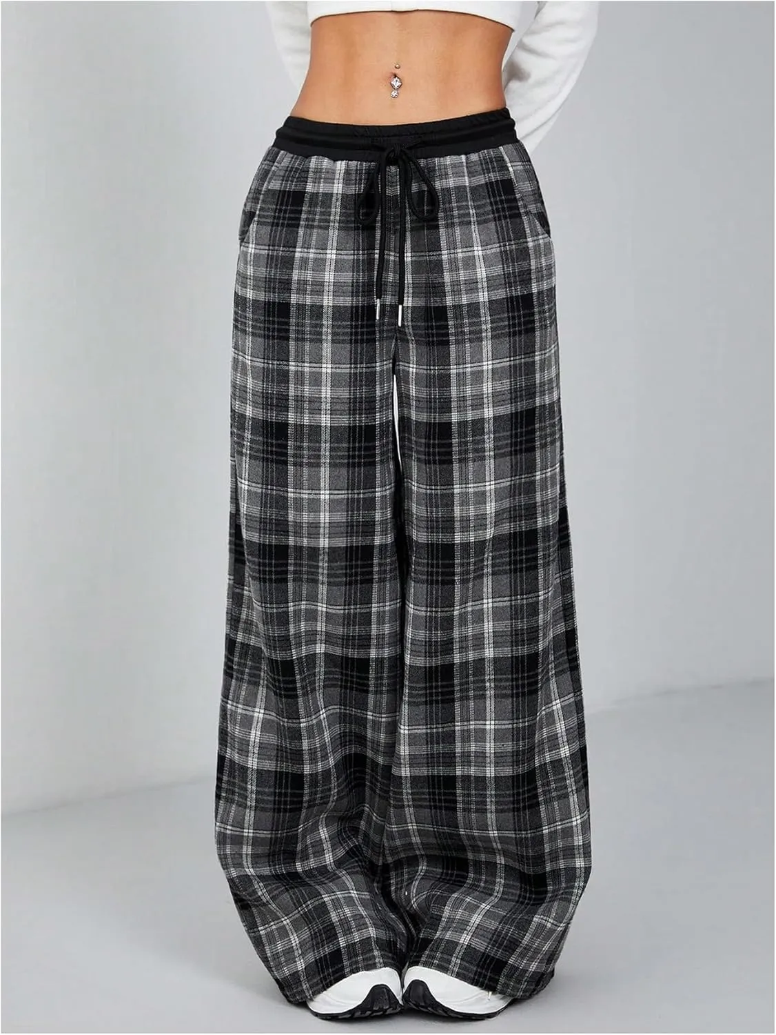 SweatyRocks Women's Plaid Pants Wide Leg Drawstring High Waist Loose Trousers with Pocket