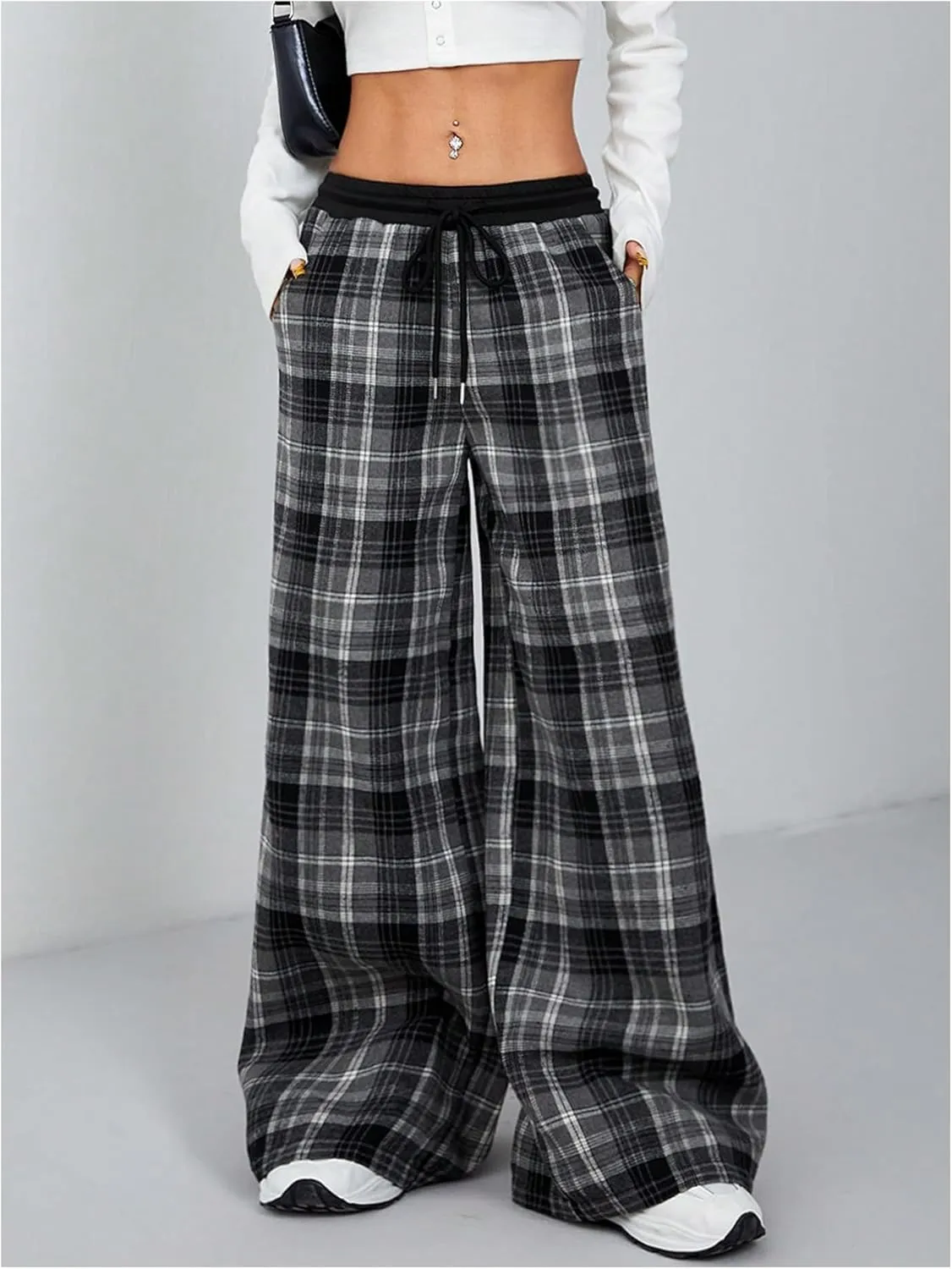 SweatyRocks Women's Plaid Pants Wide Leg Drawstring High Waist Loose Trousers with Pocket