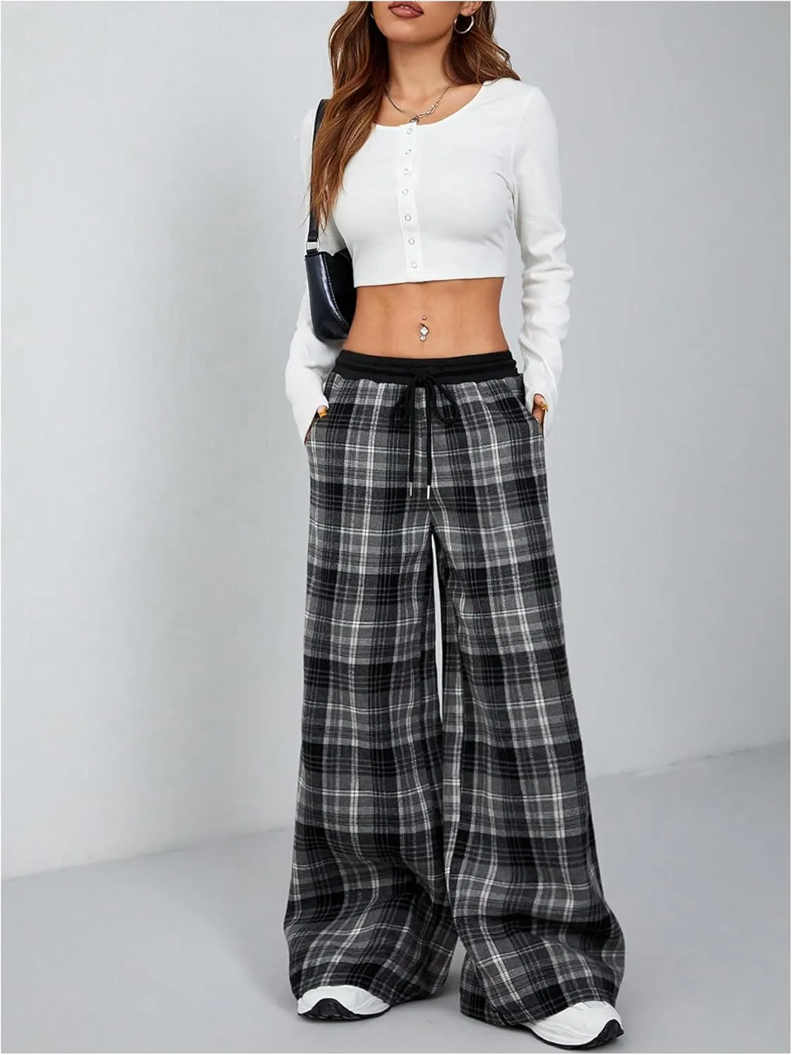 SweatyRocks Women's Plaid Pants Wide Leg Drawstring High Waist Loose Trousers with Pocket