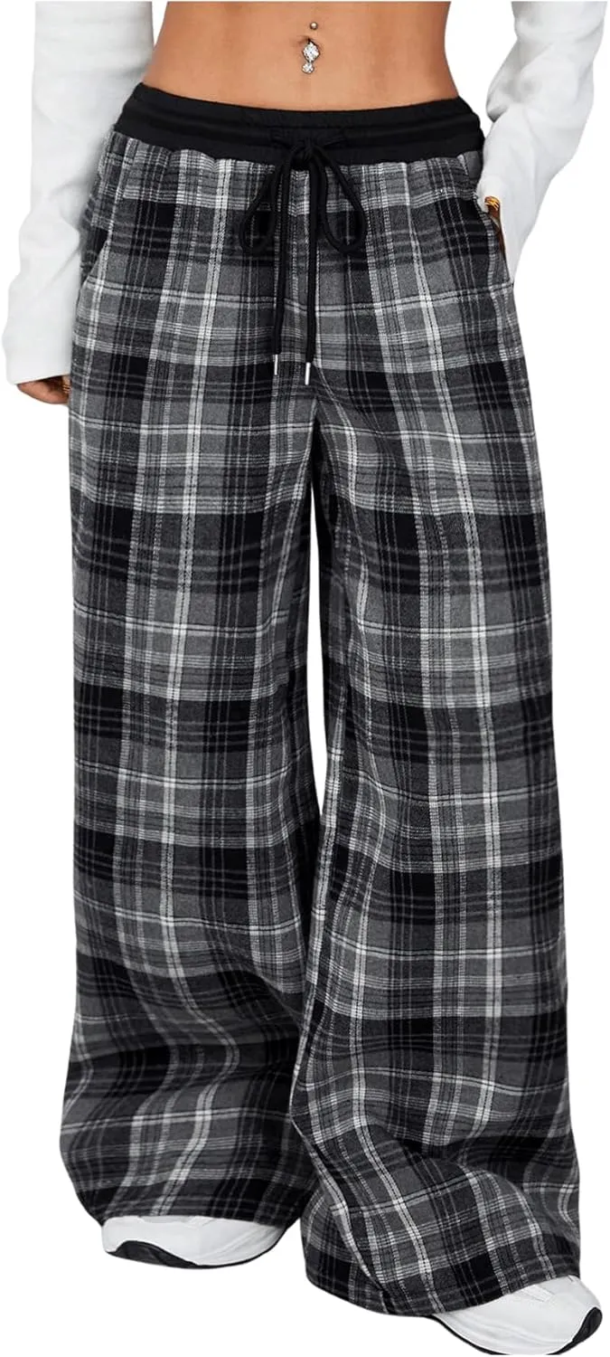 SweatyRocks Women's Plaid Pants Wide Leg Drawstring High Waist Loose Trousers with Pocket