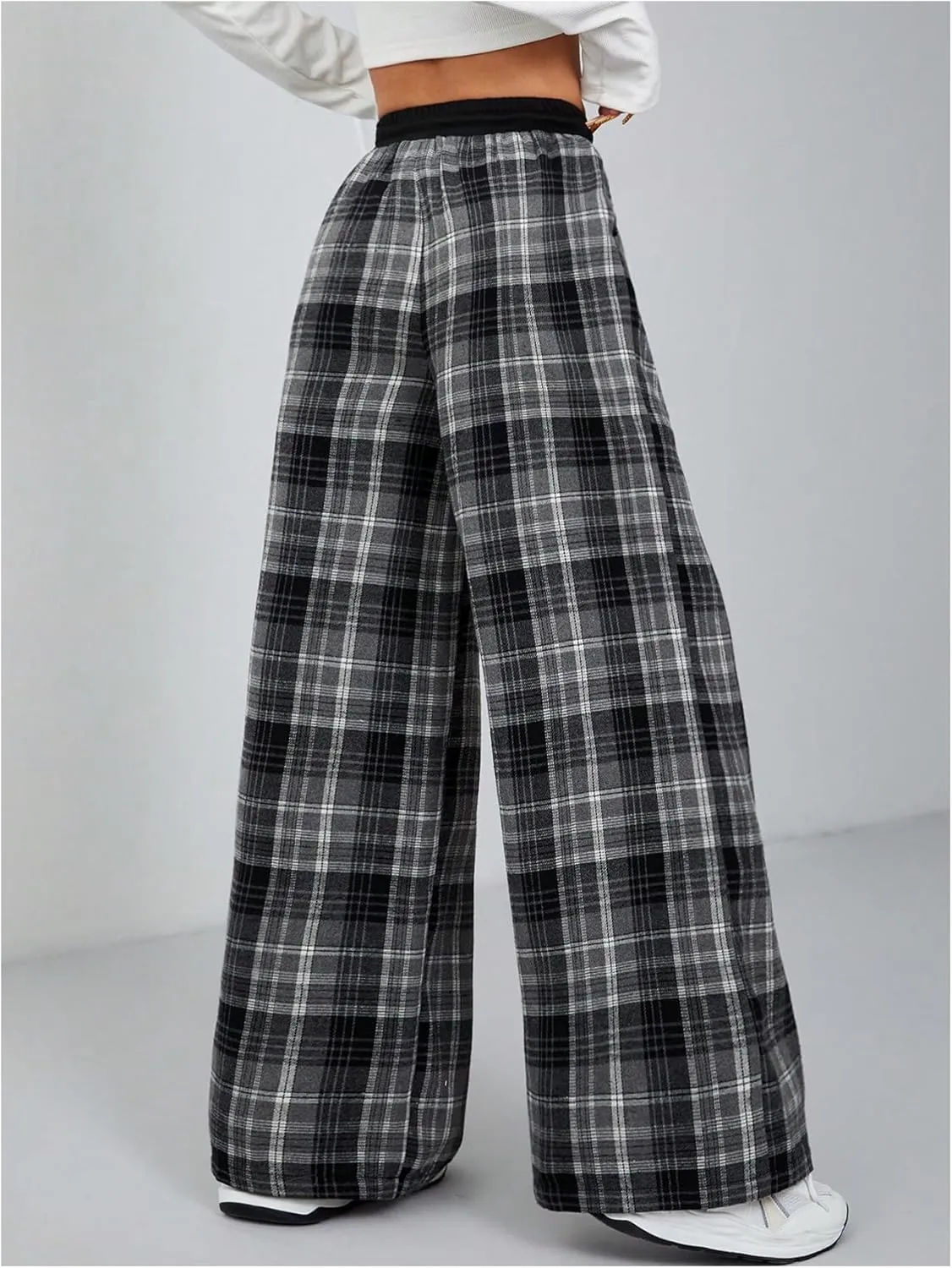 SweatyRocks Women's Plaid Pants Wide Leg Drawstring High Waist Loose Trousers with Pocket