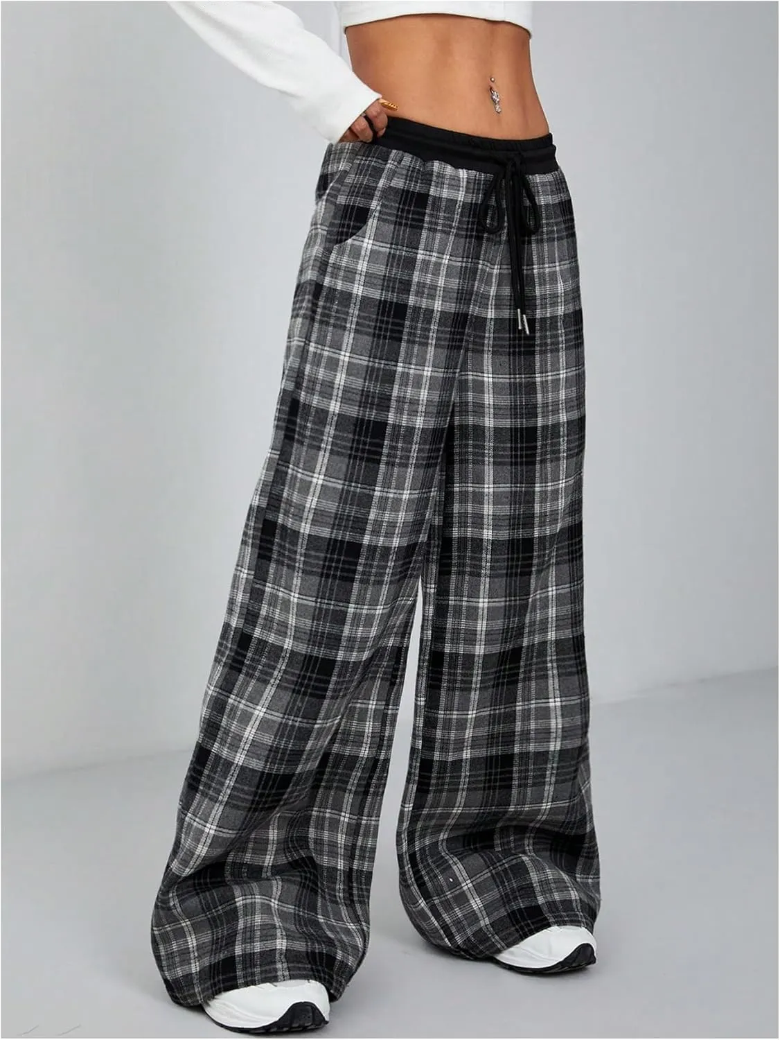 SweatyRocks Women's Plaid Pants Wide Leg Drawstring High Waist Loose Trousers with Pocket