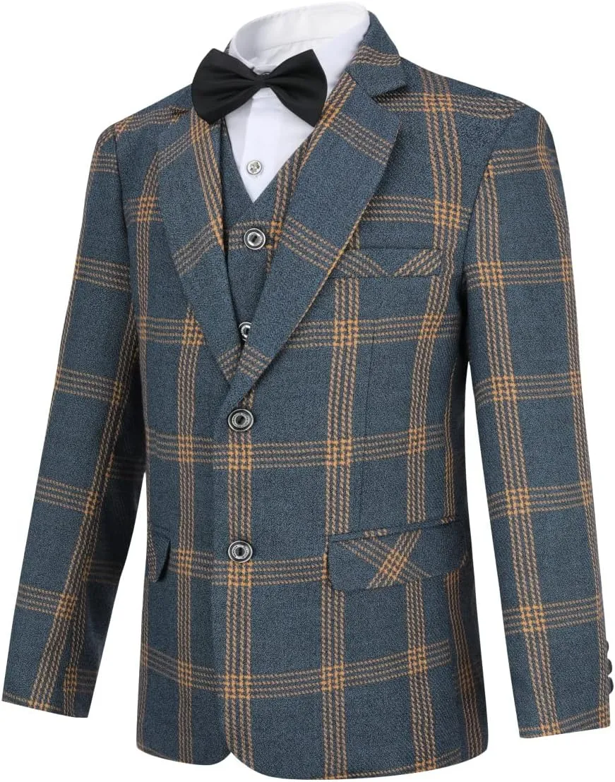SWOTGdoby Boys Dress Suits 3 Piece Slim Fit Check Plaid Kids Tuxedo Suits for Boys Formal Blazer Jacket Pants Vest Wedding