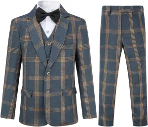 SWOTGdoby Boys Dress Suits 3 Piece Slim Fit Check Plaid Kids Tuxedo Suits for Boys Formal Blazer Jacket Pants Vest Wedding