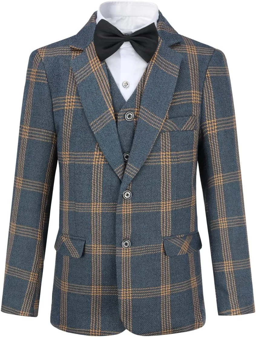 SWOTGdoby Boys Dress Suits 3 Piece Slim Fit Check Plaid Kids Tuxedo Suits for Boys Formal Blazer Jacket Pants Vest Wedding