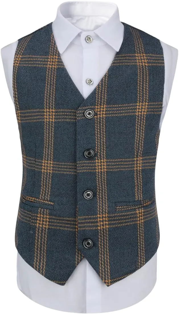 SWOTGdoby Boys Dress Suits 3 Piece Slim Fit Check Plaid Kids Tuxedo Suits for Boys Formal Blazer Jacket Pants Vest Wedding