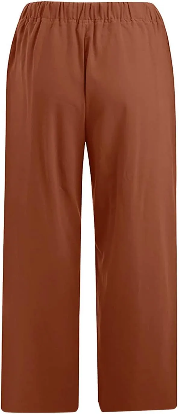 TANGNADE Ladies Capri Pants with Pockets Summer Cotton Linen Pant Loose Comfy Elastic Waist Wide Leg Crop Trouser