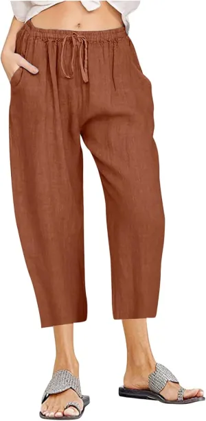 TANGNADE Ladies Capri Pants with Pockets Summer Cotton Linen Pant Loose Comfy Elastic Waist Wide Leg Crop Trouser