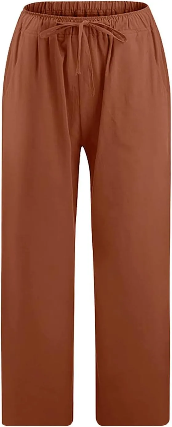 TANGNADE Ladies Capri Pants with Pockets Summer Cotton Linen Pant Loose Comfy Elastic Waist Wide Leg Crop Trouser