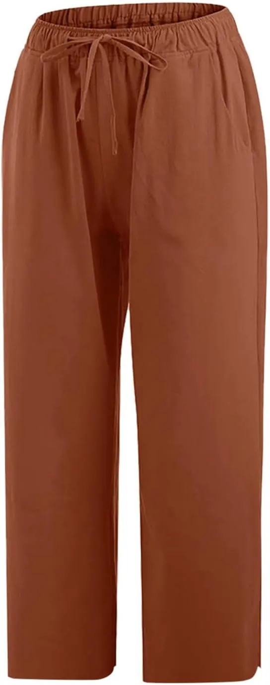 TANGNADE Ladies Capri Pants with Pockets Summer Cotton Linen Pant Loose Comfy Elastic Waist Wide Leg Crop Trouser