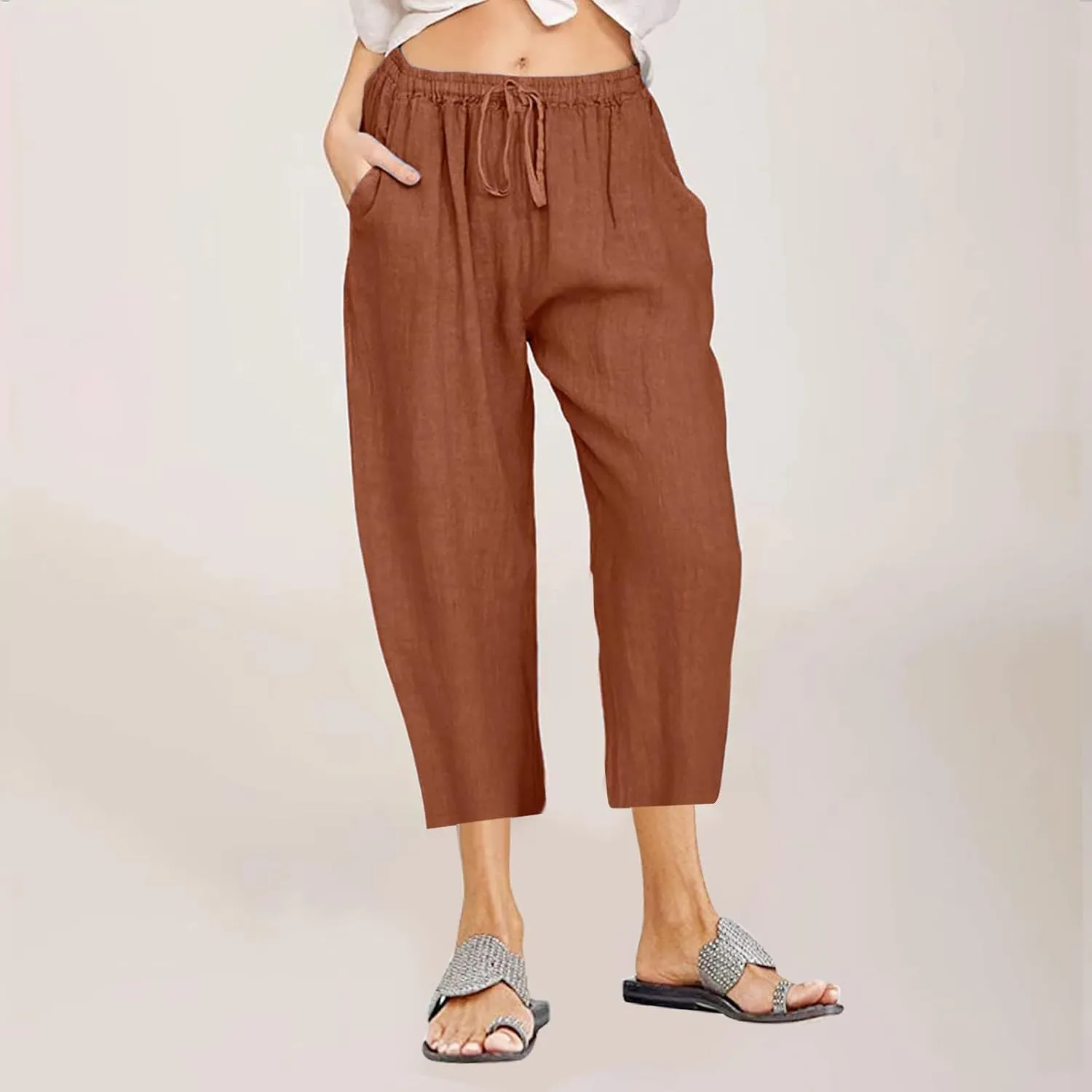 TANGNADE Ladies Capri Pants with Pockets Summer Cotton Linen Pant Loose Comfy Elastic Waist Wide Leg Crop Trouser