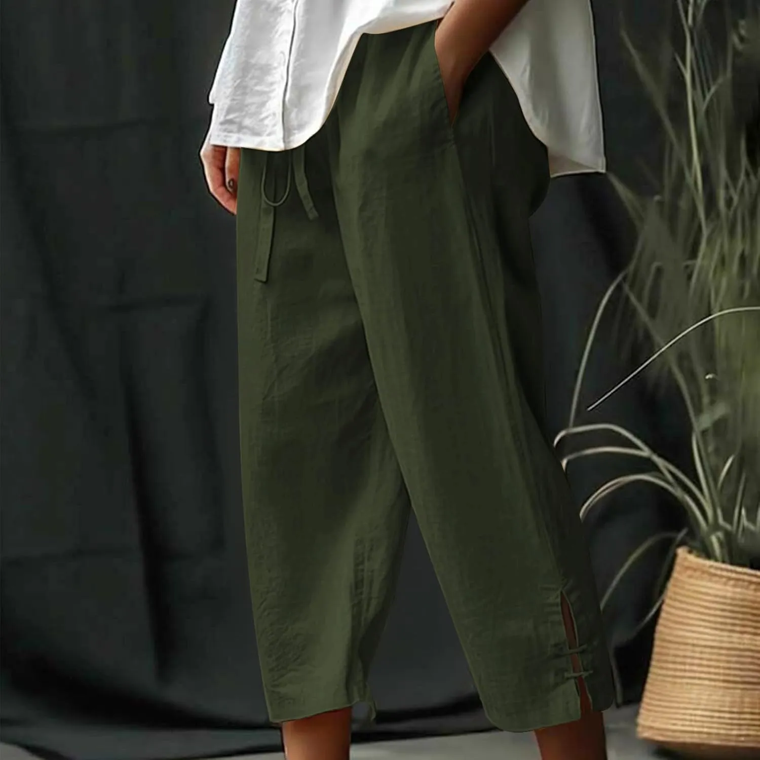 TANGNADE Womens Casual Capris Loose Fit Wide Leg Cropped Cotton Linen Pants with Pockets Elastic Waist Trouser