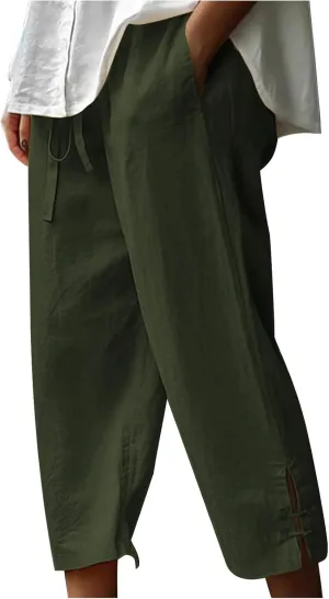 TANGNADE Womens Casual Capris Loose Fit Wide Leg Cropped Cotton Linen Pants with Pockets Elastic Waist Trouser