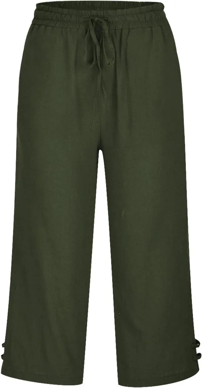 TANGNADE Womens Casual Capris Loose Fit Wide Leg Cropped Cotton Linen Pants with Pockets Elastic Waist Trouser