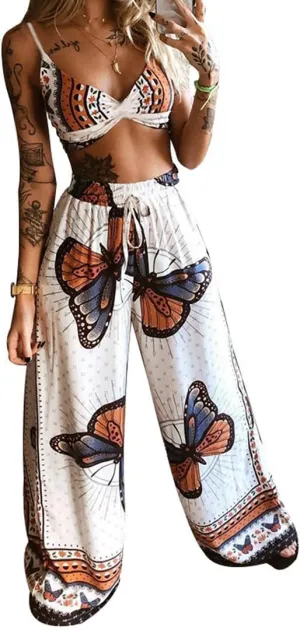 THLAI Womens Fall Loose 2 Piece Outfits Printed Sleeveless Top Casual Going Out Wide Leg Pants Set