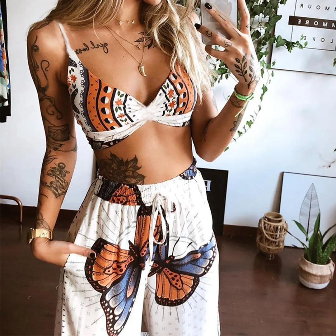 THLAI Womens Fall Loose 2 Piece Outfits Printed Sleeveless Top Casual Going Out Wide Leg Pants Set