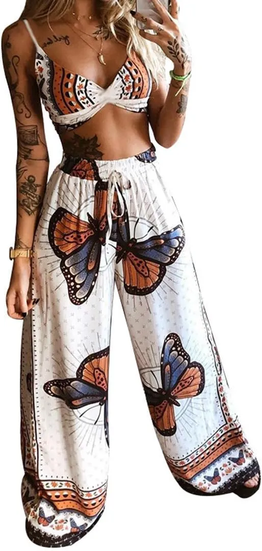 THLAI Womens Fall Loose 2 Piece Outfits Printed Sleeveless Top Casual Going Out Wide Leg Pants Set