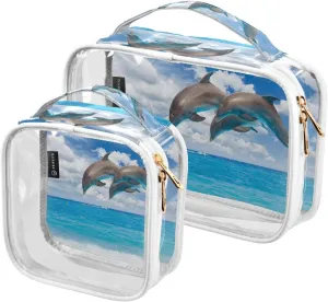 Three-jumping-dolphins 2 Pack Clear Toiletry Bag Women Men, Portable Waterproof Clear Pouch, Cosmetic Bag with Double Zippers Large Opening Traveling with Handle for Bathroom Traveling Vacation Organi