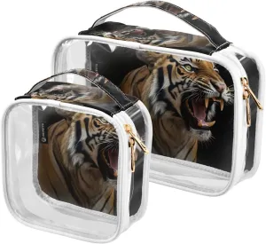 Tigers Black 2 Pack Clear Toiletry Bag Women Men, Portable Waterproof Clear Pouch, Cosmetic Bag with Double Zippers Large Opening Traveling with Handle for Bathroom Traveling Vacation Organizing