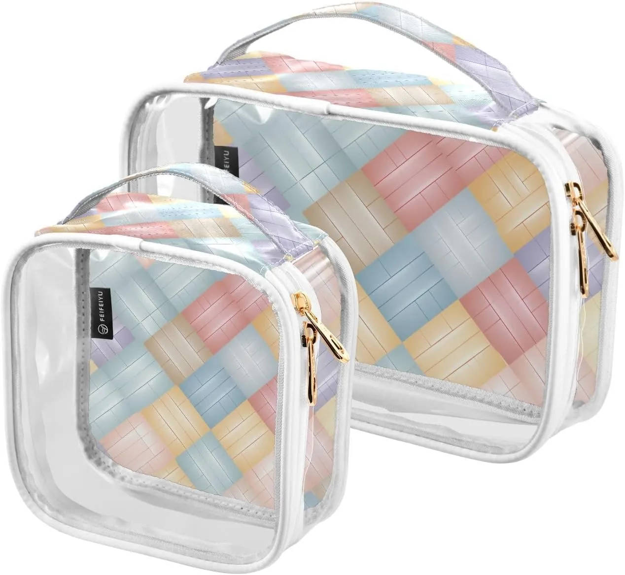 Tiles-geometric-pastel-pattern 2 Pack Clear Toiletry Bag Women Men, Portable Waterproof Clear Pouch, Cosmetic Bag with Double Zippers Large Opening Traveling with Handle for Bathroom Traveling Vacatio