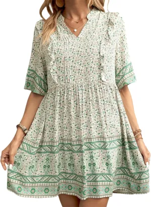 Trendy Summer Dresses Womens Elegant Short Sleeve V Neck Floral Mini Dresses Casual Flowy Beach Vacation Dresses Cute