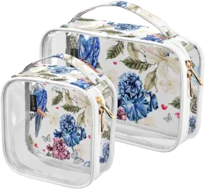 Tropical-flowers-parrot 2 Pack Clear Toiletry Bag Women Men, Portable Waterproof Clear Pouch, Cosmetic Bag with Double Zippers Large Opening Traveling with Handle for Bathroom Traveling Vacation Organ