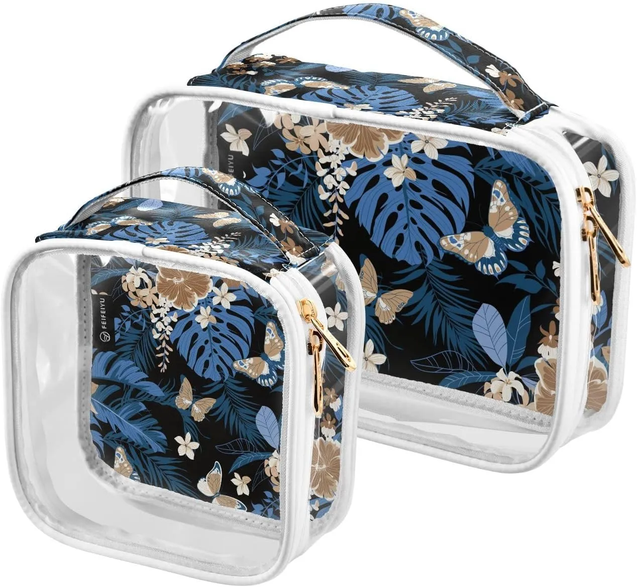 Tropical-flowers Pattern 2 Pack Clear Toiletry Bag Women Men, Portable Waterproof Clear Pouch, Cosmetic Bag with Double Zippers Large Opening Traveling with Handle for Bathroom Traveling Vacation Orga