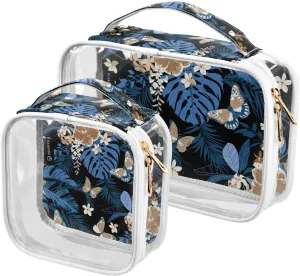 Tropical-flowers Pattern 2 Pack Clear Toiletry Bag Women Men, Portable Waterproof Clear Pouch, Cosmetic Bag with Double Zippers Large Opening Traveling with Handle for Bathroom Traveling Vacation Orga