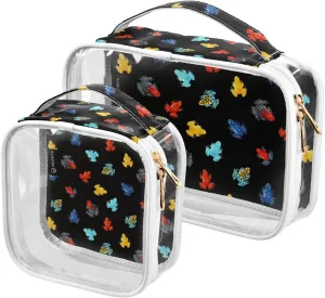 Tropical-frogs-black Print 2 Pack Clear Toiletry Bag Women Men, Portable Waterproof Clear Pouch, Cosmetic Bag with Double Zippers Large Opening Traveling with Handle for Bathroom Traveling Vacation Or