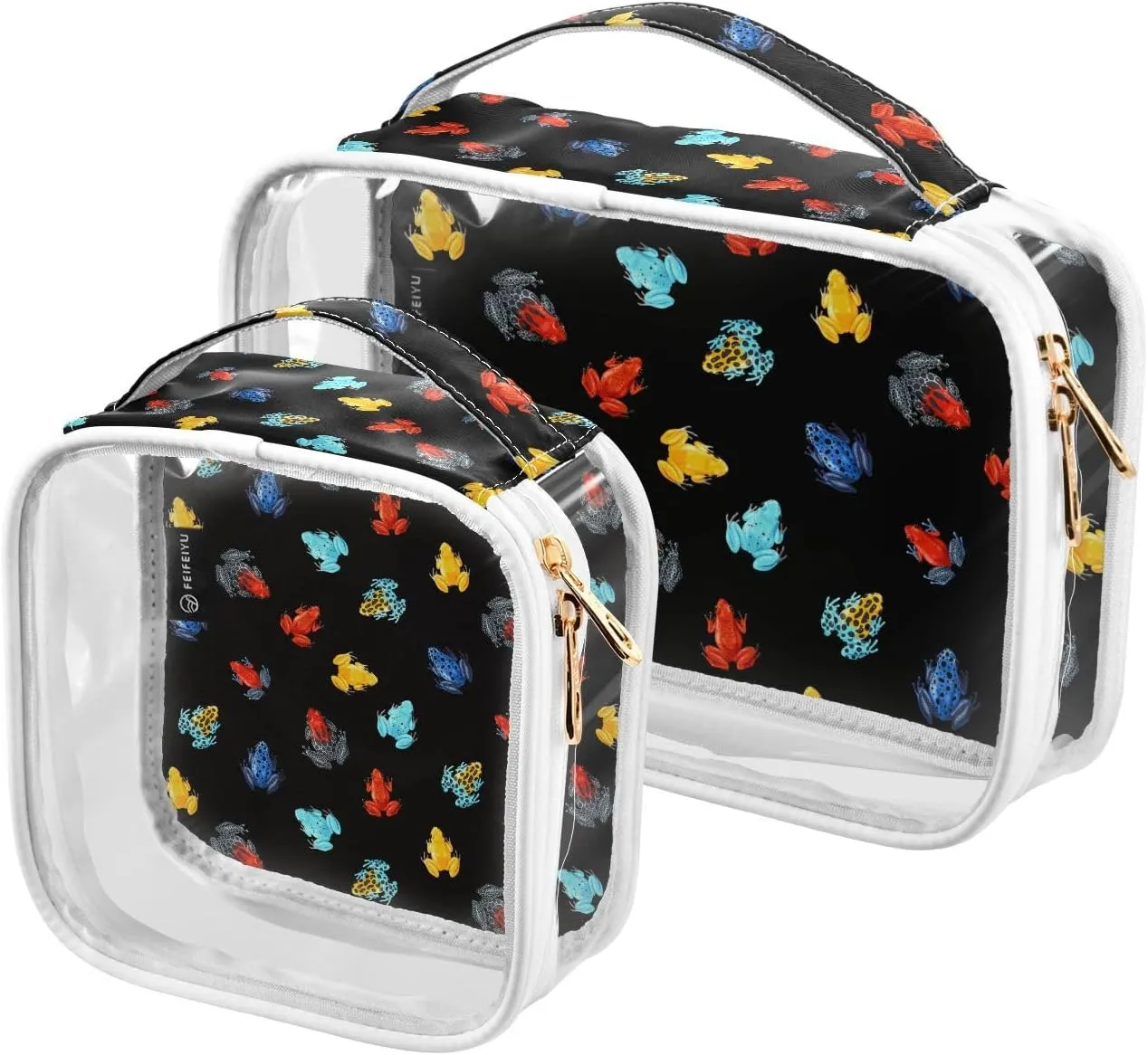 Tropical-frogs-black Print 2 Pack Clear Toiletry Bag Women Men, Portable Waterproof Clear Pouch, Cosmetic Bag with Double Zippers Large Opening Traveling with Handle for Bathroom Traveling Vacation Or