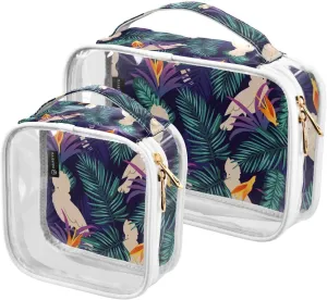 Tropical-leaves Birds Pattern 2 Pack Clear Toiletry Bag Women Men, Portable Waterproof Clear Pouch, Cosmetic Bag with Double Zippers Large Opening Traveling with Handle for Bathroom Traveling Vacation