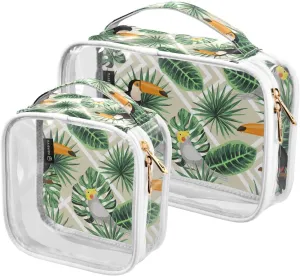 Tropical Leaves-birds Pattern 2 Pack Clear Toiletry Bag Women Men, Portable Waterproof Clear Pouch, Cosmetic Bag with Double Zippers Large Opening Traveling with Handle for Bathroom Traveling Vacation
