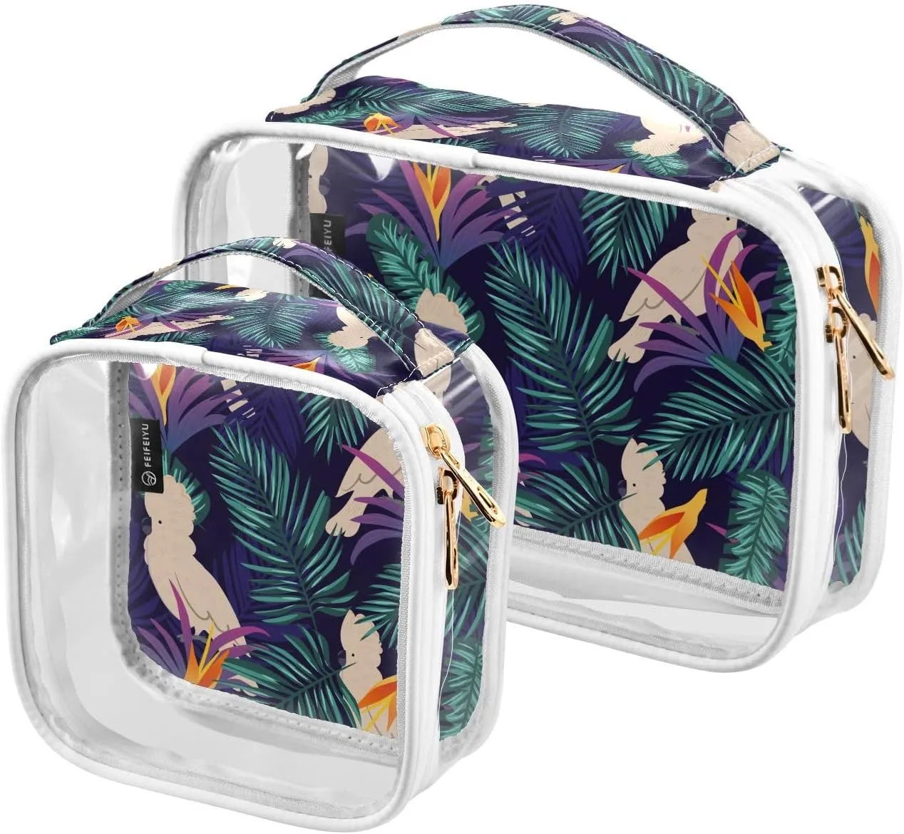 Tropical-leaves Birds Pattern 2 Pack Clear Toiletry Bag Women Men, Portable Waterproof Clear Pouch, Cosmetic Bag with Double Zippers Large Opening Traveling with Handle for Bathroom Traveling Vacation