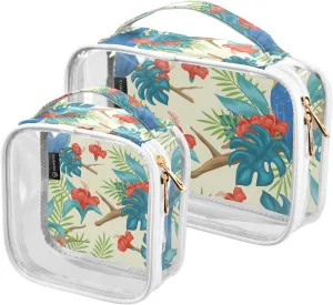 Tropical-leaves-birds Print 2 Pack Clear Toiletry Bag Women Men, Portable Waterproof Clear Pouch, Cosmetic Bag with Double Zippers Large Opening Traveling with Handle for Bathroom Traveling Vacation O