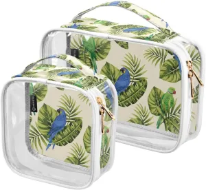Tropical Leaves Pattern 2 Pack Clear Toiletry Bag Women Men, Portable Waterproof Clear Pouch, Cosmetic Bag with Double Zippers Large Opening Traveling with Handle for Bathroom Traveling Vacation Organ