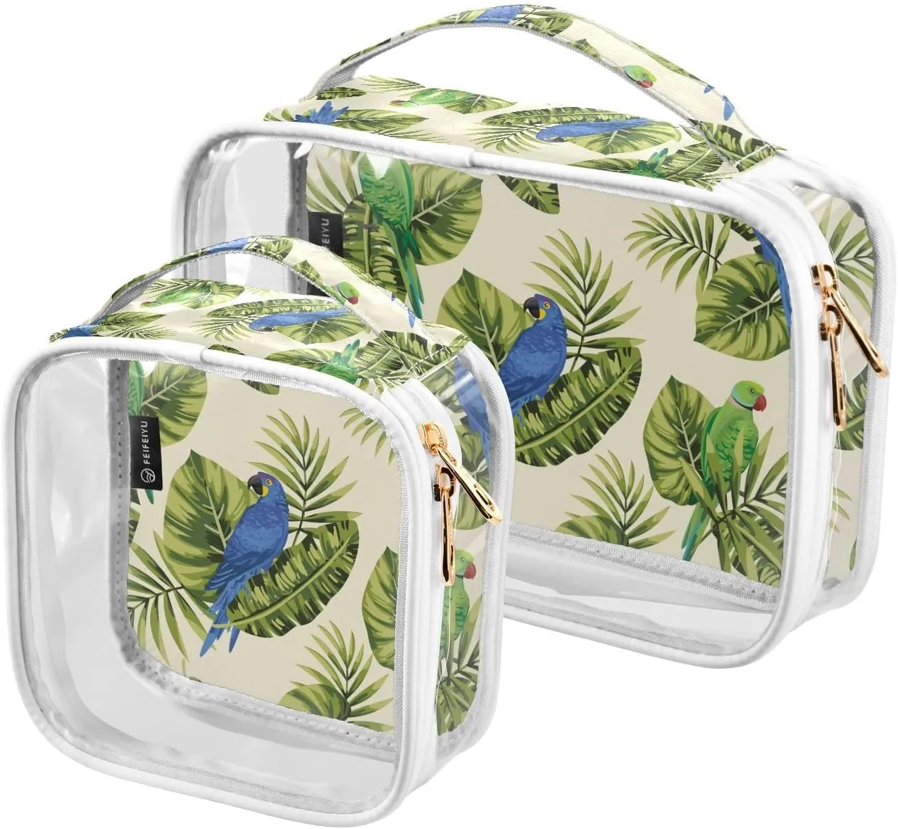 Tropical Leaves Pattern 2 Pack Clear Toiletry Bag Women Men, Portable Waterproof Clear Pouch, Cosmetic Bag with Double Zippers Large Opening Traveling with Handle for Bathroom Traveling Vacation Organ